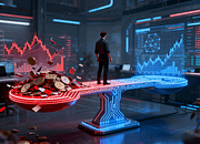 Ilustrasi digital hiper-realistis seorang trader berdiri di atas jembatan sirkuit bercahaya berbentuk timbangan; satu sisi penuh grafik merah kacau dan koin pecah melambangkan full margin, sisi lainnya menampilkan garis data biru tenang dan harmoni geometris melambangkan money management; berlatar ruang trading futuristik dengan proyeksi data holografik.