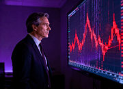 Trader merenung di depan grafik saham jatuh dengan pencahayaan ungu gelap