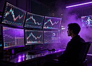 Ruang komando trading dramatis dengan pencahayaan ungu gelap dan monitor data keuangan