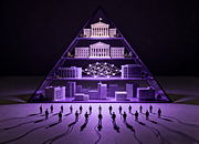 Hierarki pasar forex dalam nuansa ungu gelap, ilustrasi dramatis bank sentral, institusi, dan trader retail.