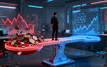 Ilustrasi digital hiper-realistis seorang trader berdiri di atas jembatan sirkuit bercahaya berbentuk timbangan; satu sisi penuh grafik merah kacau dan koin pecah melambangkan full margin, sisi lainnya menampilkan garis data biru tenang dan harmoni geometris melambangkan money management; berlatar ruang trading futuristik dengan proyeksi data holografik.