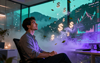 Trader memantau chart forex dengan lighting ungu gelap.