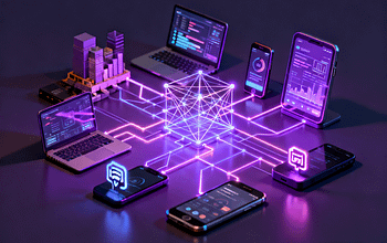 Jaringan digital futuristik dengan pencahayaan ungu gelap mewakili integrasi Big Data dan IoT.