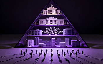 Hierarki pasar forex dalam nuansa ungu gelap, ilustrasi dramatis bank sentral, institusi, dan trader retail.